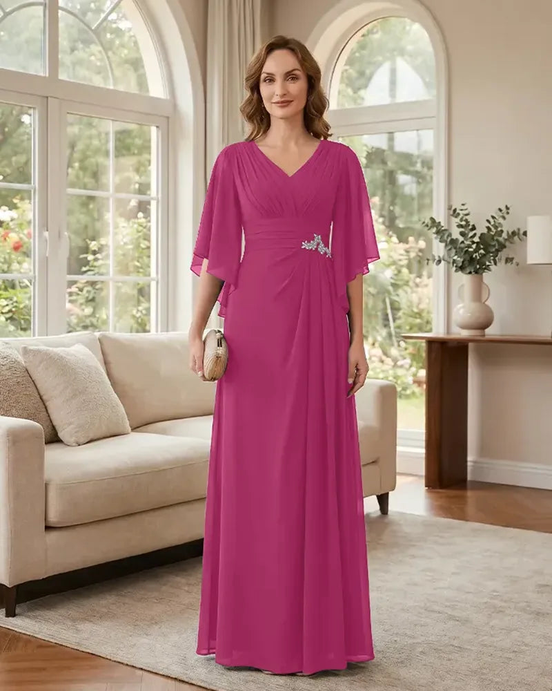 Chiffon-A-Line-Mother-of-the-Bride-Dress-with-Flutter-Sleeves-Fuchsia-1