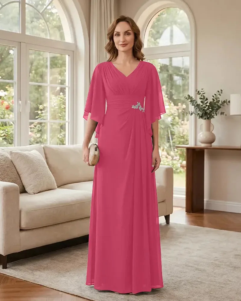 Chiffon-A-Line-Mother-of-the-Bride-Dress-with-Flutter-Sleeves-Hot-Pink-1
