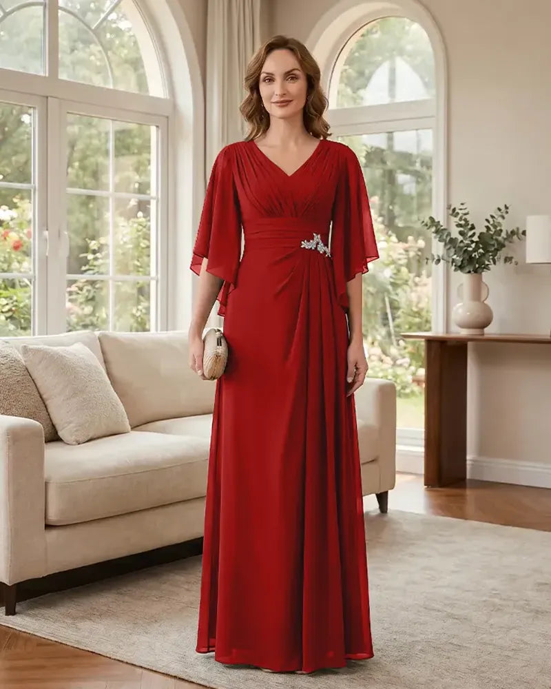 Chiffon-A-Line-Mother-of-the-Bride-Dress-with-Flutter-Sleeves-Red-1