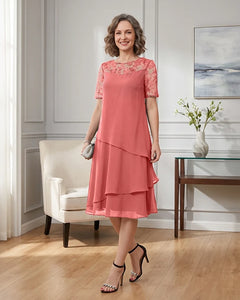 Tiered-Chiffon-Mother-of-the-Bride-Dress-with-Lace-Sleeves-Coral-1