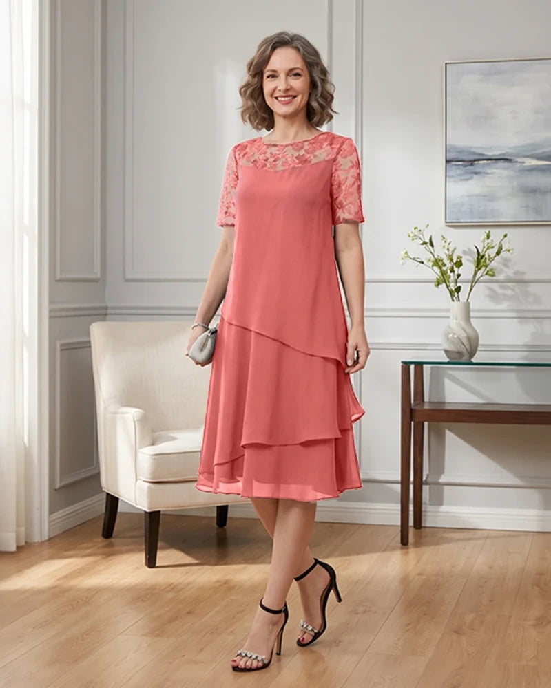 Tiered-Chiffon-Mother-of-the-Bride-Dress-with-Lace-Sleeves-Coral-1