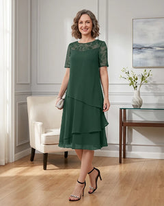 Tiered-Chiffon-Mother-of-the-Bride-Dress-with-Lace-Sleeves-Emerald-1