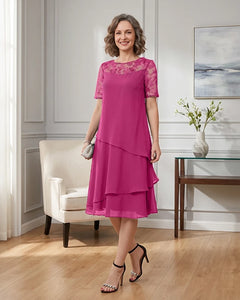 Tiered-Chiffon-Mother-of-the-Bride-Dress-with-Lace-Sleeves-Fuchsia-1