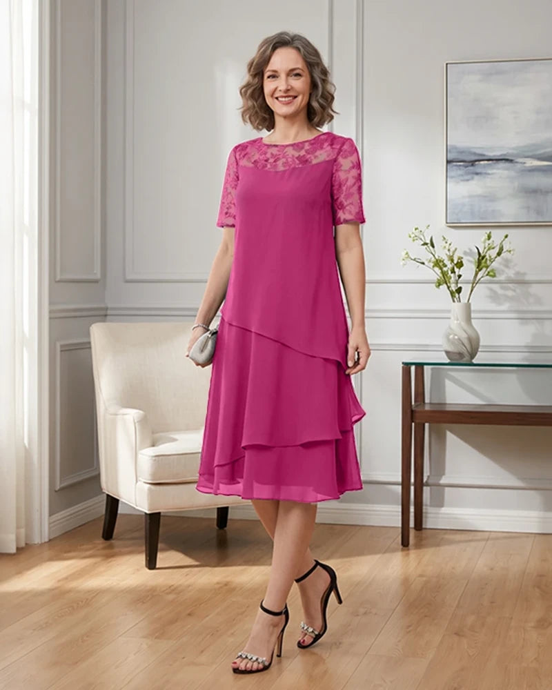 Tiered-Chiffon-Mother-of-the-Bride-Dress-with-Lace-Sleeves-Fuchsia-1
