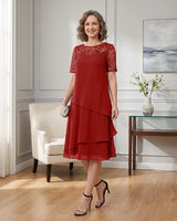 Tiered-Chiffon-Mother-of-the-Bride-Dress-with-Lace-Sleeves-Red-1