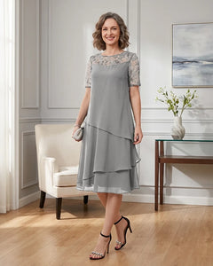 Tiered-Chiffon-Mother-of-the-Bride-Dress-with-Lace-Sleeves-Silver-1