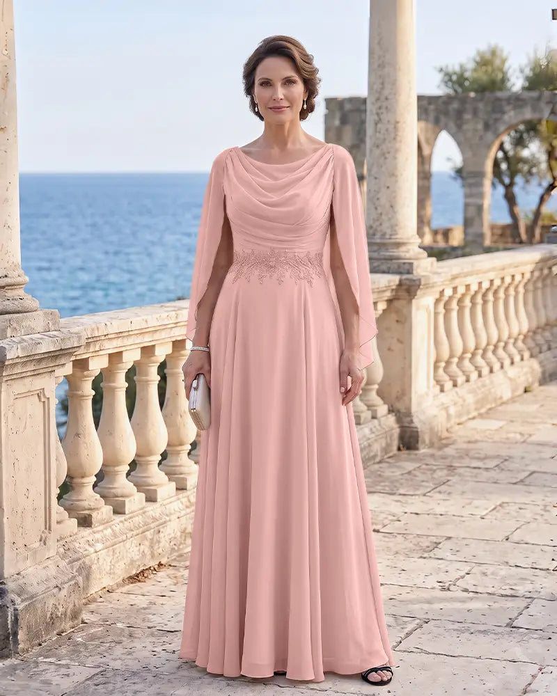 Cowl Neck Mother of the Bride Dress with Cape Sleeves