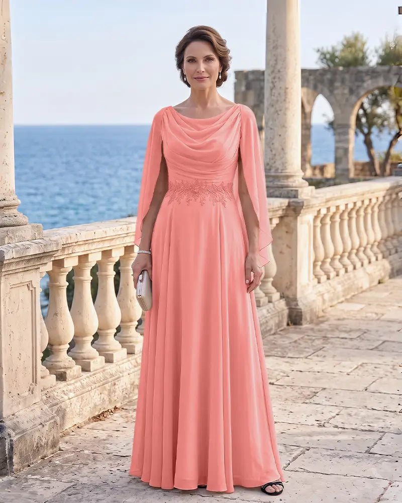 Cowl Neck Mother of the Bride Dress with Cape Sleeves