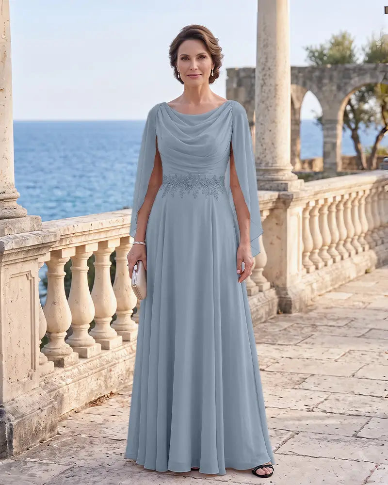 Cowl Neck Mother of the Bride Dress with Cape Sleeves