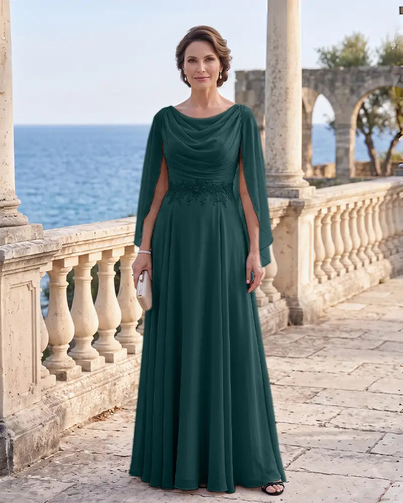 Cowl Neck Mother of the Bride Dress with Cape Sleeves