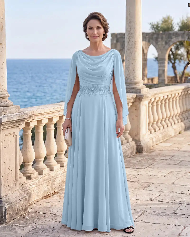 Cowl Neck Mother of the Bride Dress with Cape Sleeves