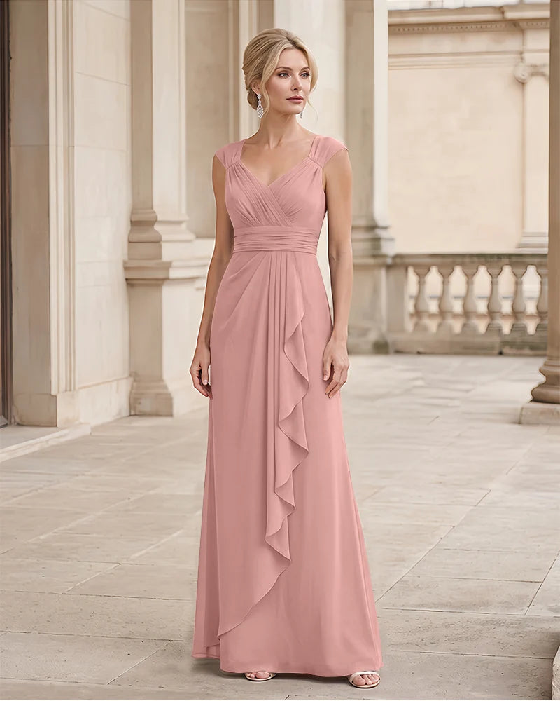 Pleated Bodice A Line Mother of the Bride Dress Cap Sleeve