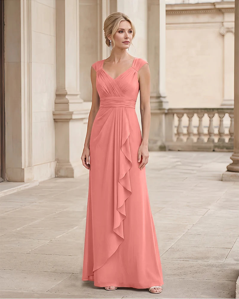 Pleated Bodice A Line Mother of the Bride Dress Cap Sleeve