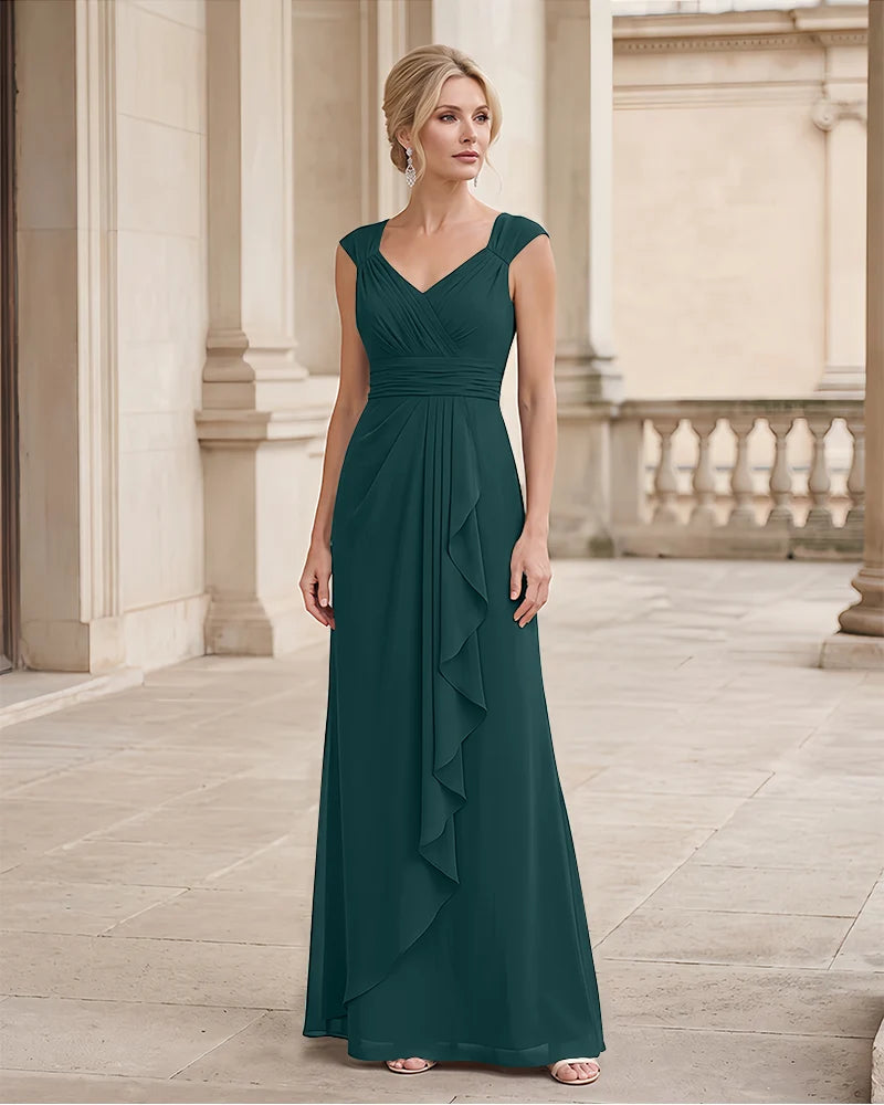 Pleated Bodice A Line Mother of the Bride Dress Cap Sleeve