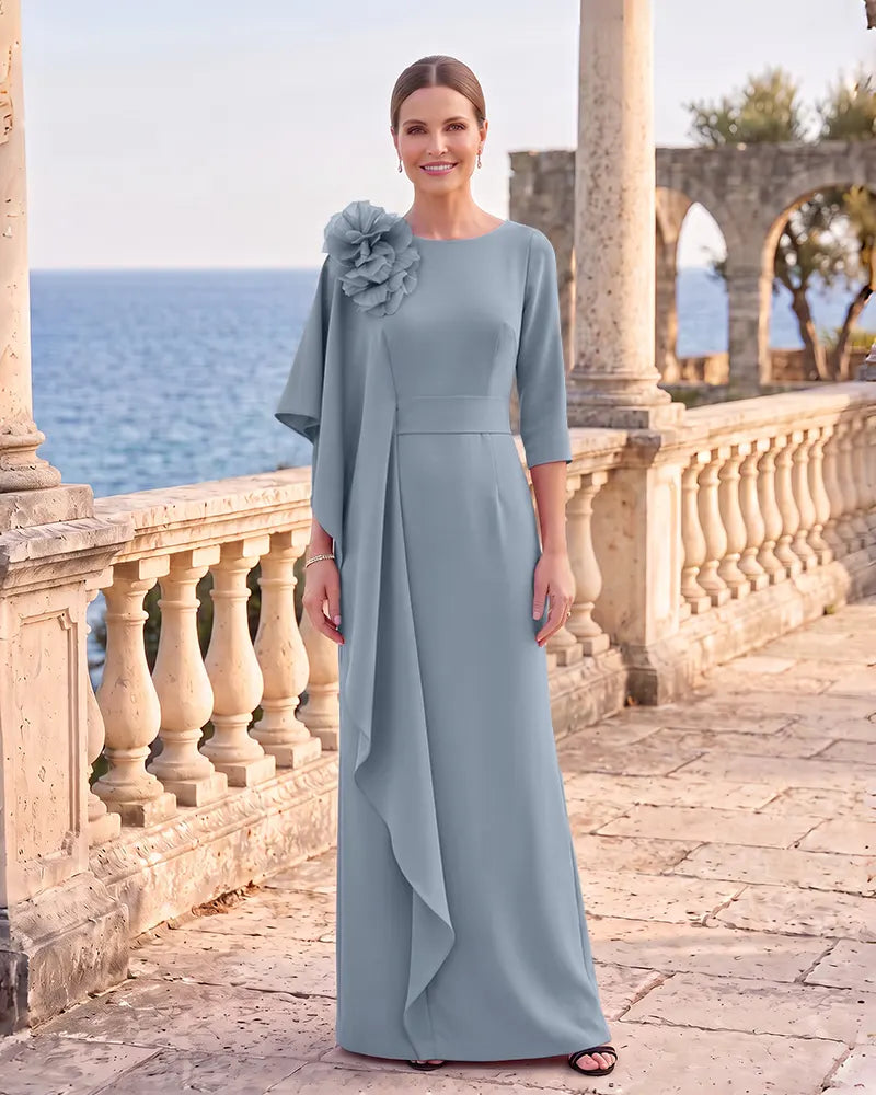 Mother of the Bride Dress with 3/4 Sleeves Floral Accent