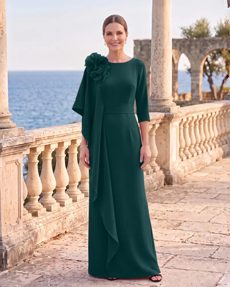 Mother of the Bride Dress with 3/4 Sleeves Floral Accent