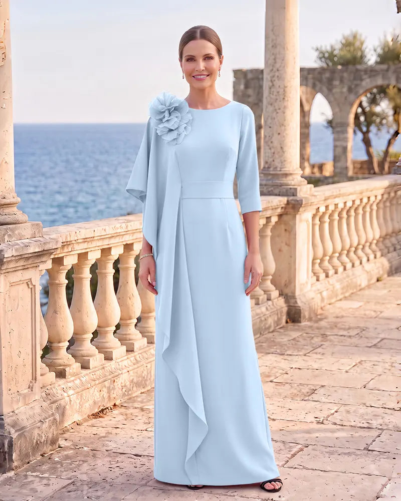 Mother of the Bride Dress with 3/4 Sleeves Floral Accent