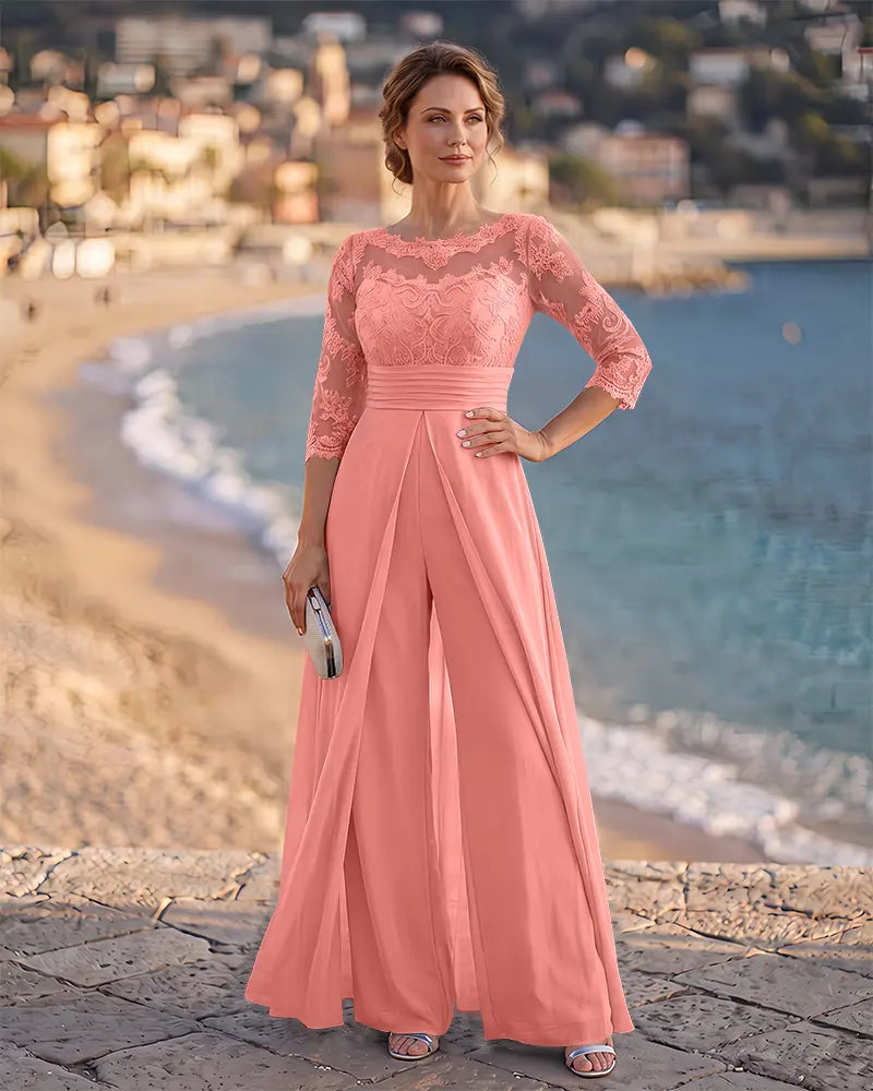 Ruched Waist Chiffon Overlay Mother of the Bride Jumpsuit