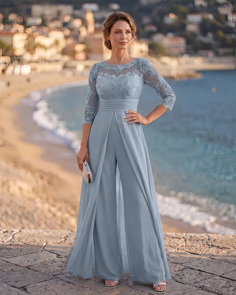 Ruched Waist Chiffon Overlay Mother of the Bride Jumpsuit