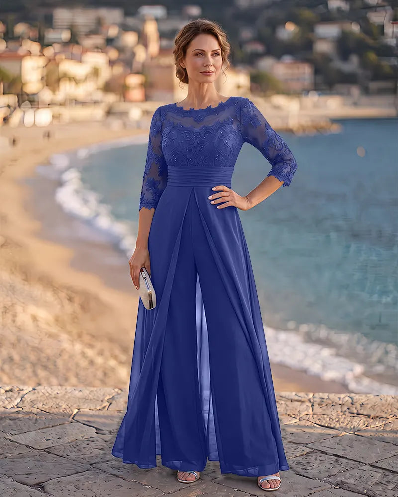 Ruched Waist Chiffon Overlay Mother of the Bride Jumpsuit