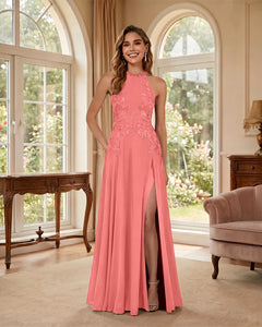 Mermaid-Chiffon-Mother-of-the-Bride-Dress-with-Halter-Neck-Coral-1