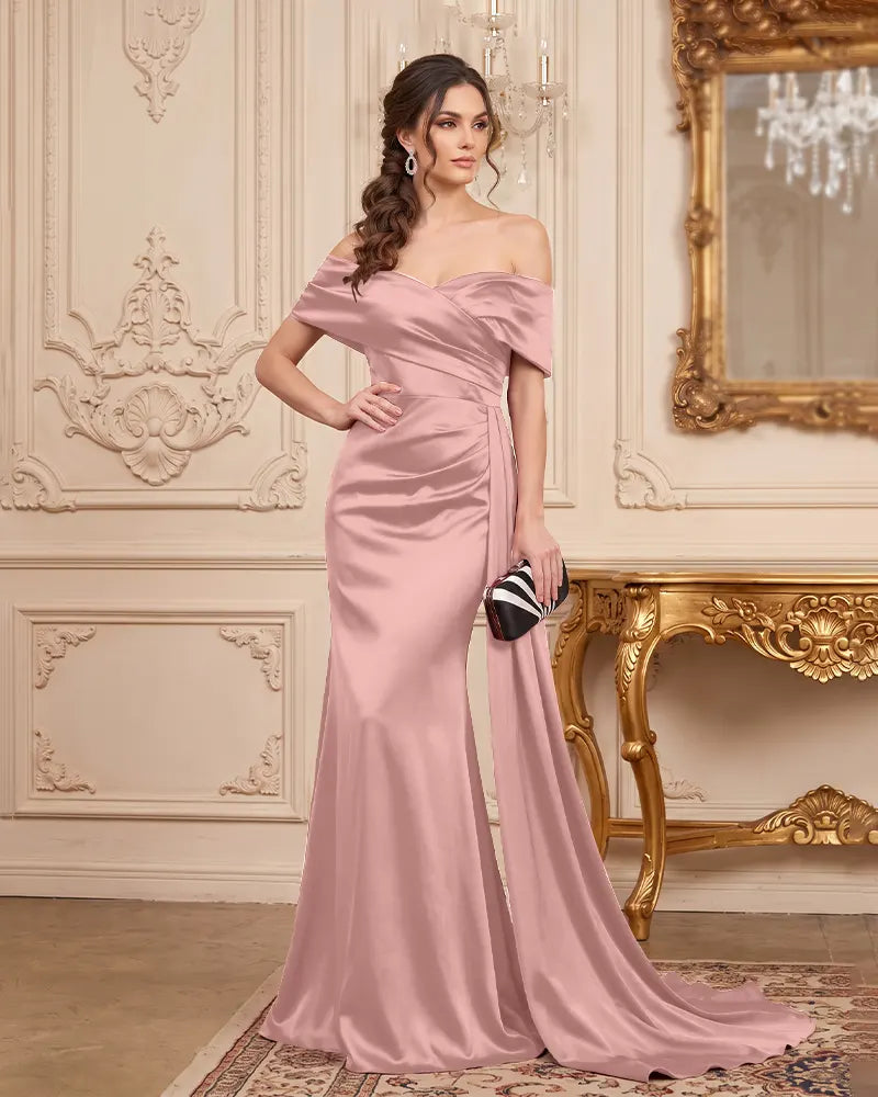 Ruched Satin Off Shoulder Mermaid  Mother of Bride Dress
