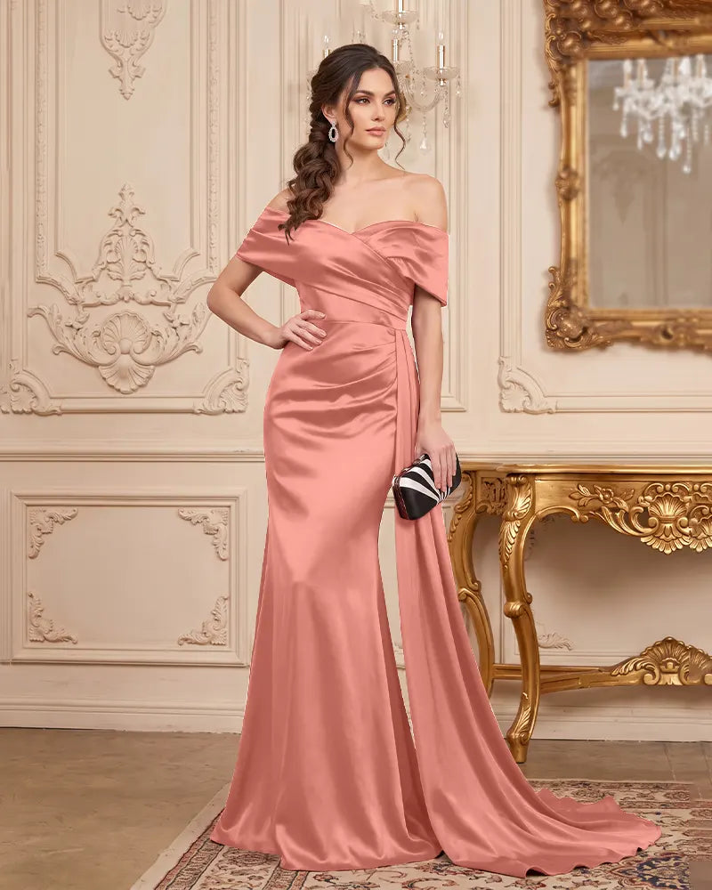 Ruched Satin Off Shoulder Mermaid  Mother of Bride Dress