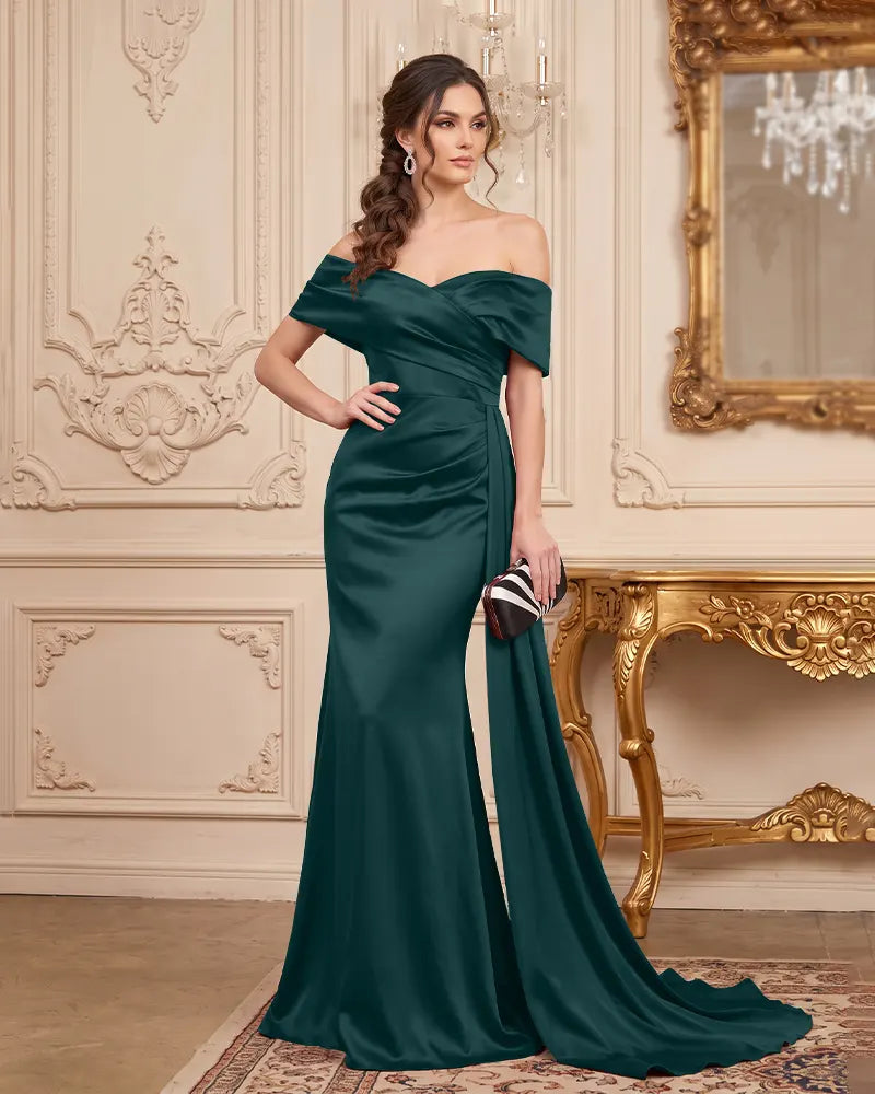 Ruched Satin Off Shoulder Mermaid  Mother of Bride Dress