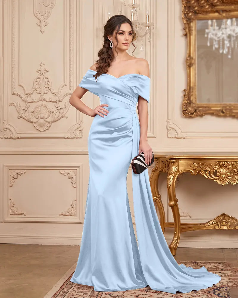 Ruched Satin Off Shoulder Mermaid  Mother of Bride Dress