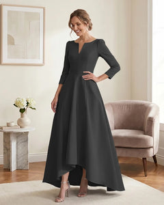 Satin-Mother-of-the-Bride-Dress-with-3/4-Sleeves-and-V-Neck-Black-1