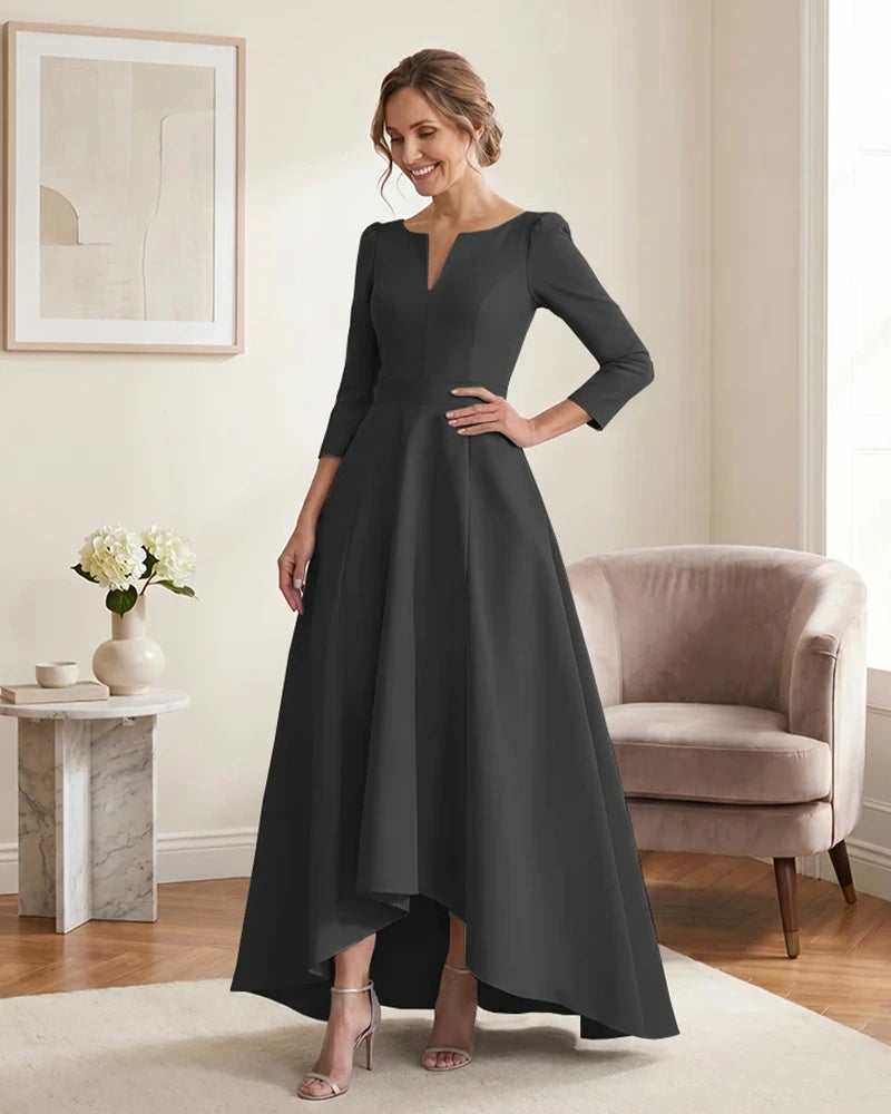 Satin-Mother-of-the-Bride-Dress-with-3/4-Sleeves-and-V-Neck-Black-1