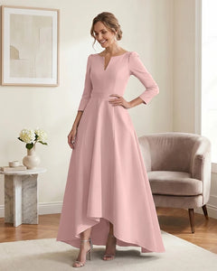 Satin-Mother-of-the-Bride-Dress-with-3/4-Sleeves-and-V-Neck-Blushing-Pink-1