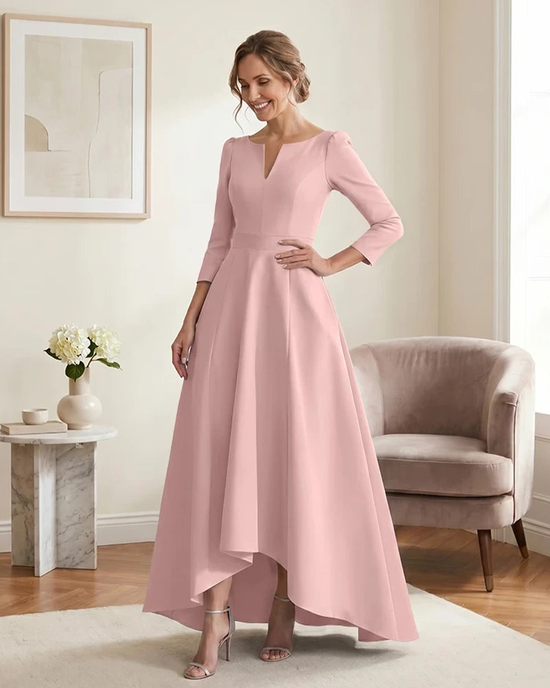 Satin-Mother-of-the-Bride-Dress-with-3/4-Sleeves-and-V-Neck-Blushing-Pink-1