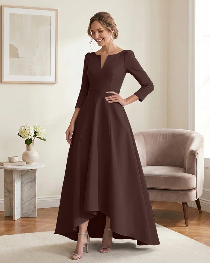 Satin-Mother-of-the-Bride-Dress-with-3/4-Sleeves-and-V-Neck-Brown-1