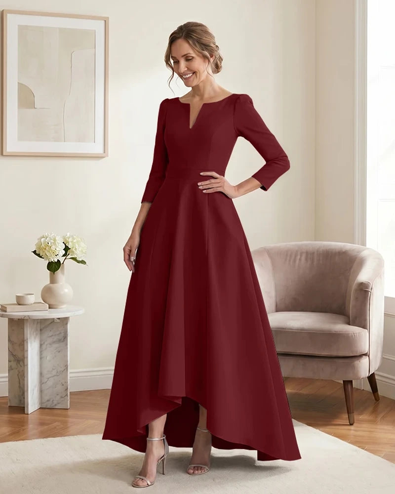 Satin-Mother-of-the-Bride-Dress-with-3/4-Sleeves-and-V-Neck-Burgundy-1