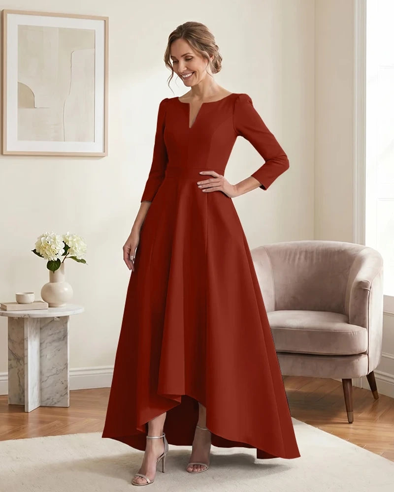 Satin-Mother-of-the-Bride-Dress-with-3/4-Sleeves-and-V-Neck-Burnt-Orange-1