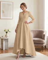 Satin-Mother-of-the-Bride-Dress-with-3/4-Sleeves-and-V-Neck-Champagne-1