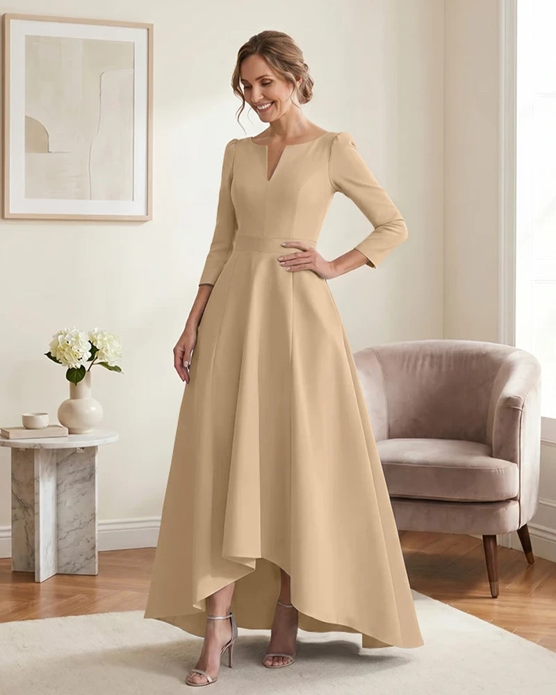 Satin-Mother-of-the-Bride-Dress-with-3/4-Sleeves-and-V-Neck-Champagne-1