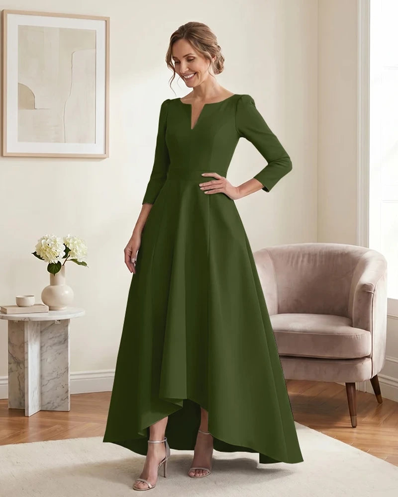 Satin-Mother-of-the-Bride-Dress-with-3/4-Sleeves-and-V-Neck-Clover-1