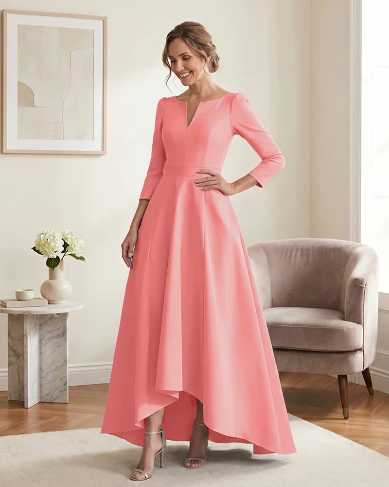 Satin-Mother-of-the-Bride-Dress-with-3/4-Sleeves-and-V-Neck-Coral-1