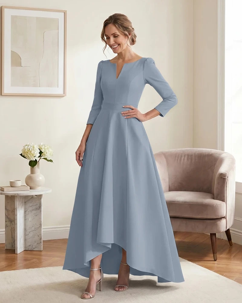 Satin-Mother-of-the-Bride-Dress-with-3/4-Sleeves-and-V-Neck-Dusty-Blue-1