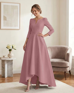 Satin-Mother-of-the-Bride-Dress-with-3/4-Sleeves-and-V-Neck-Dusty-Rose-1