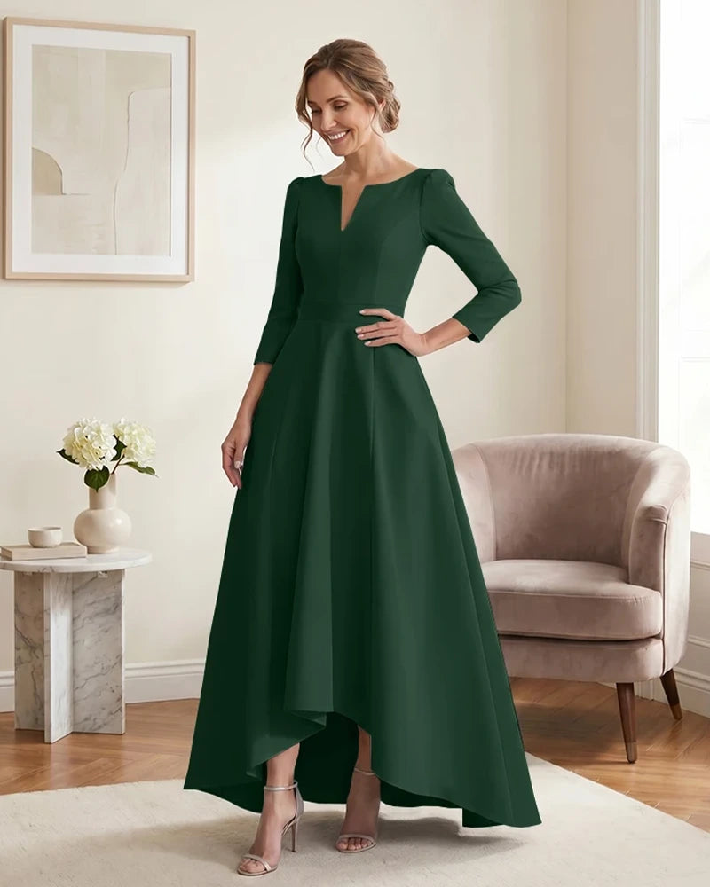 Satin-Mother-of-the-Bride-Dress-with-3/4-Sleeves-and-V-Neck-Emerald-1