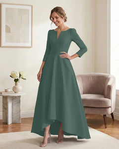 Satin-Mother-of-the-Bride-Dress-with-3/4-Sleeves-and-V-Neck-Eucalyptus-1