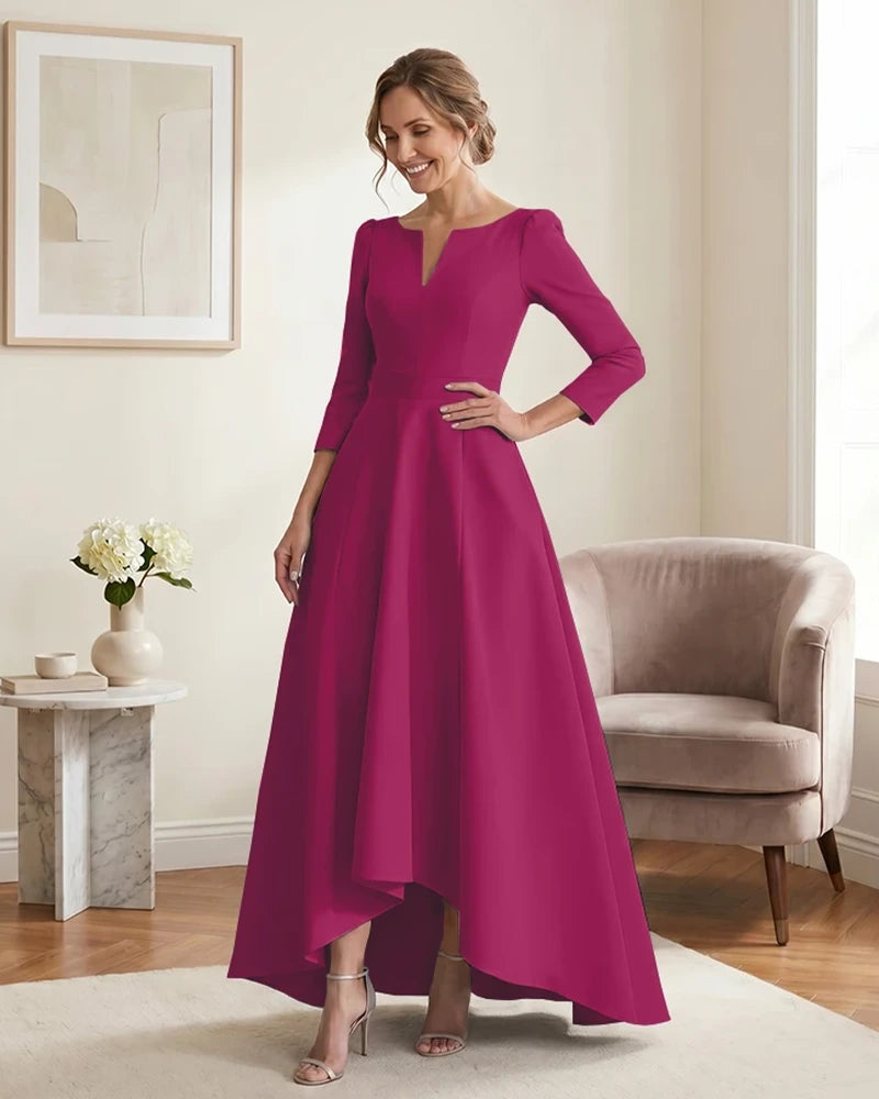 Satin-Mother-of-the-Bride-Dress-with-3/4-Sleeves-and-V-Neck-Fuchsia-1