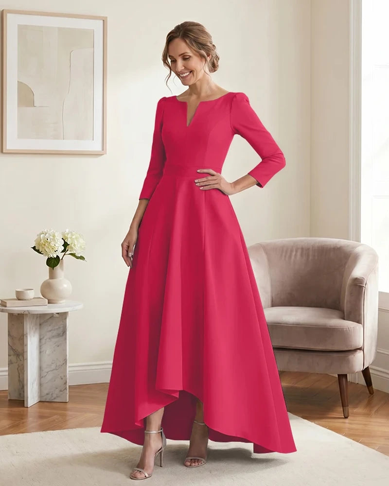 Satin-Mother-of-the-Bride-Dress-with-3/4-Sleeves-and-V-Neck-Hot-Pink-1