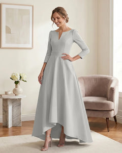 Satin-Mother-of-the-Bride-Dress-with-3/4-Sleeves-and-V-Neck-Ivory-1