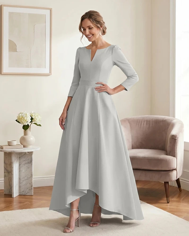 Satin-Mother-of-the-Bride-Dress-with-3/4-Sleeves-and-V-Neck-Ivory-1