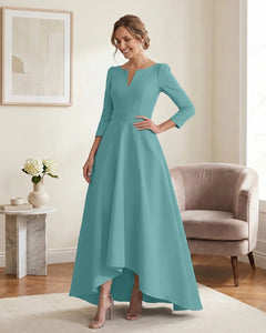 Satin-Mother-of-the-Bride-Dress-with-3/4-Sleeves-and-V-Neck-Jade-1
