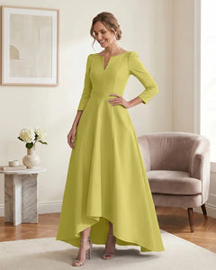 Satin-Mother-of-the-Bride-Dress-with-3/4-Sleeves-and-V-Neck-Lemon-1